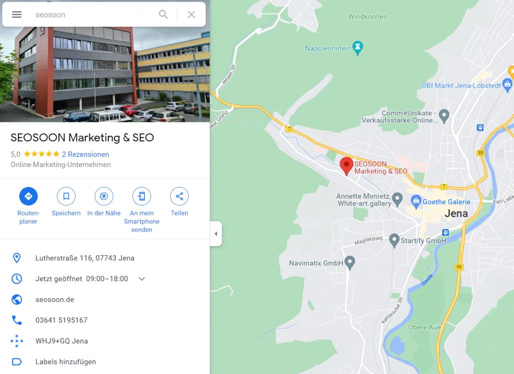 Google Maps Karte mit Jena und der Seosoon Gmbh und einer 5-Sterne-Bewertung