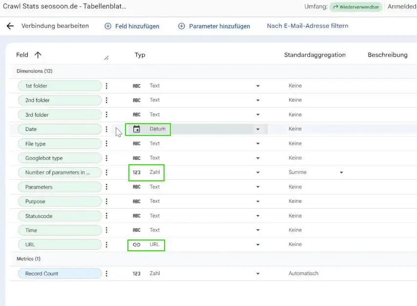 Dimensionen Looker Studio Dahsboard Logfile Light analyse