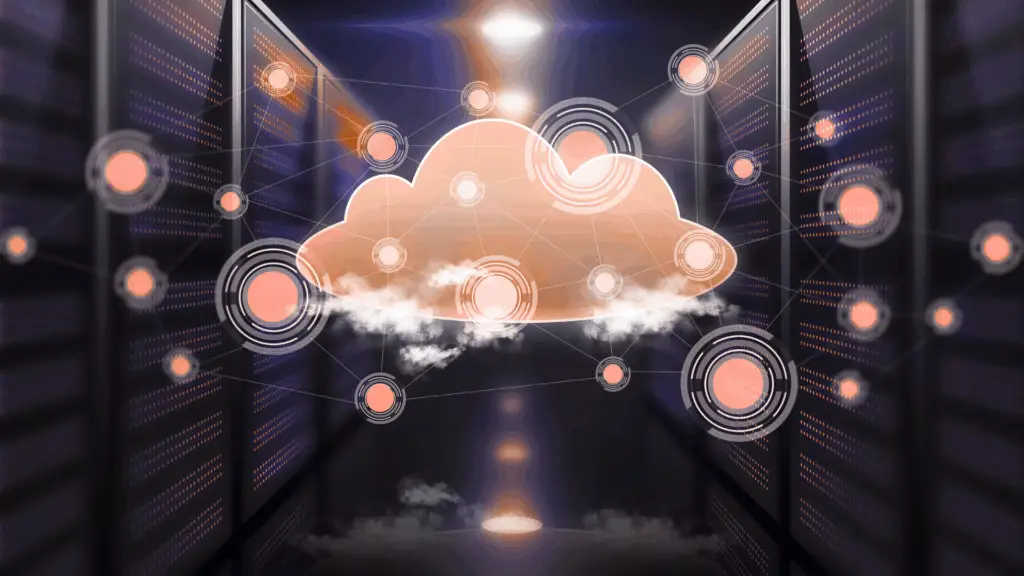 Illustration einer Cloud mit vernetzten Symbolen in einem Rechenzentrum als Darstellung von Datenmanagement und Caching