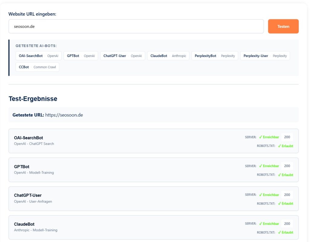 Mit dem KI-Bot-Checker kannst du prüfen, ob KI-Crawler zugriff auf deine Website haben