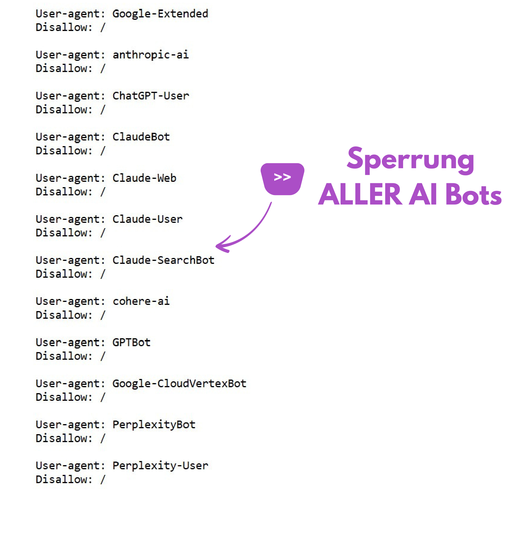 Auszug aus der LinkedIn robots.txt mit Disallow-Regeln für Google-Extended, anthropic-ai, ChatGPT-User, ClaudeBot, GPTBot, PerplexityBot und weitere AI-User-Agents